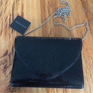 Vintage shiny black formal clutch with silver strap purse shiny disco glitter
